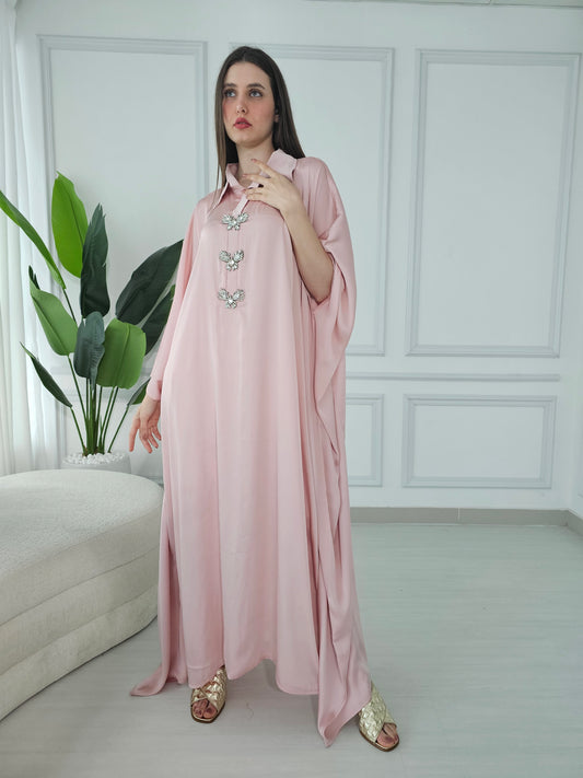 Crepe pink kaftan dress with stone butterflies