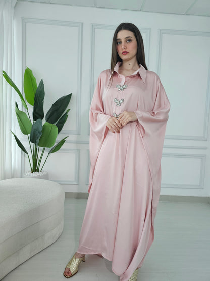 Crepe pink kaftan dress with stone butterflies
