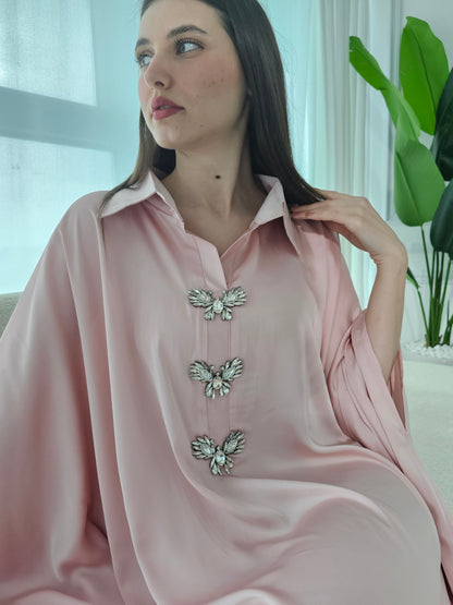 Crepe pink kaftan dress with stone butterflies