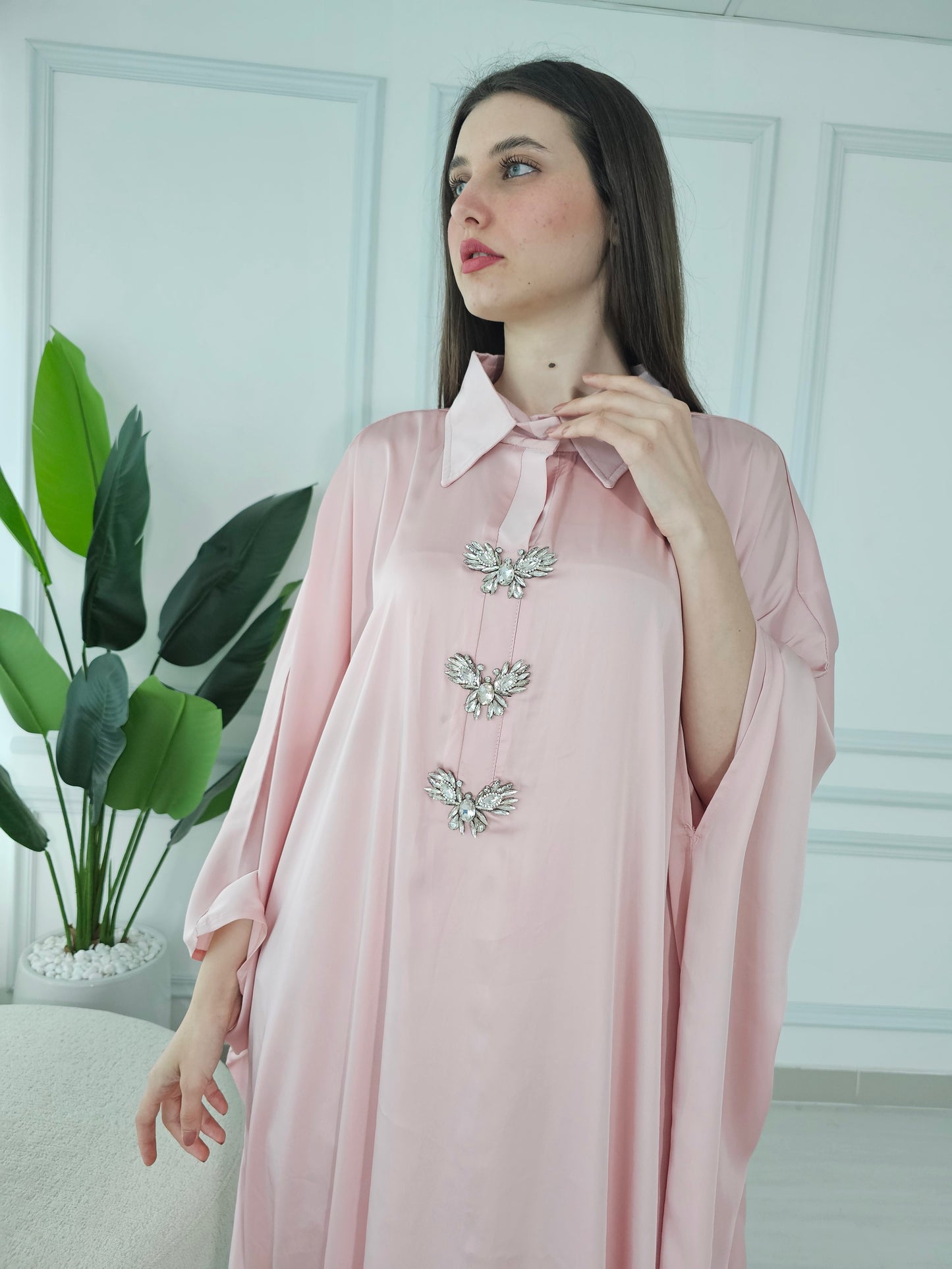 Crepe pink kaftan dress with stone butterflies