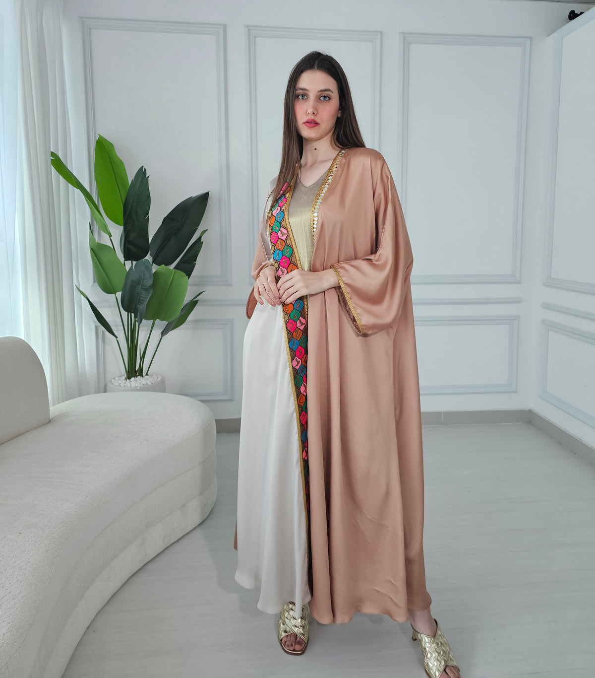 Colorful Abaya With Embroidered Calligraphy Trimming