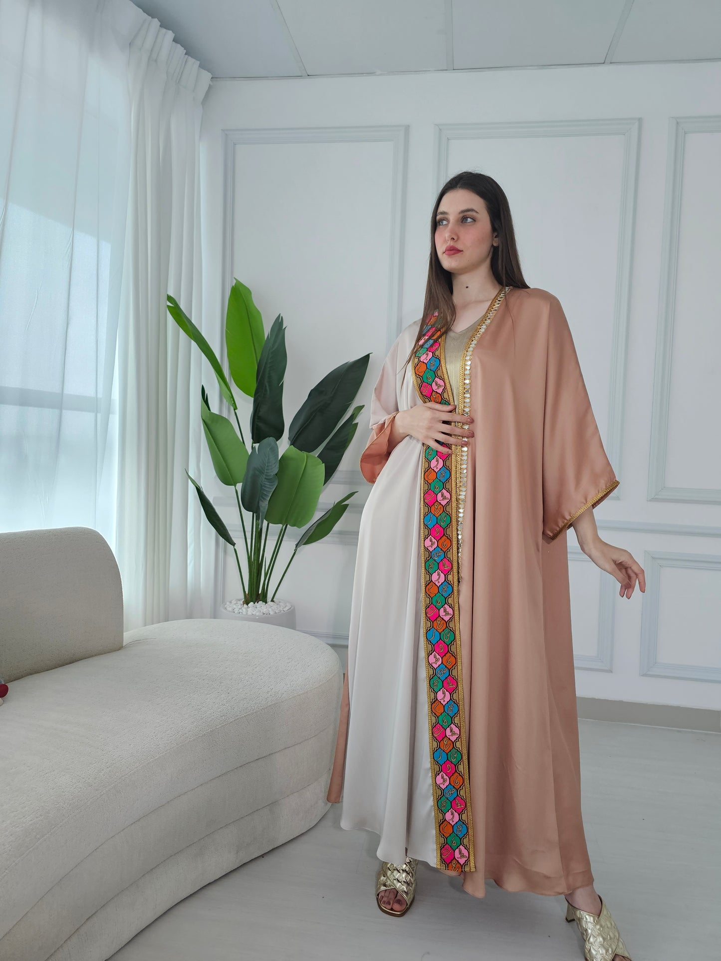 Colorful abaya with embroidered calligraphy trimming