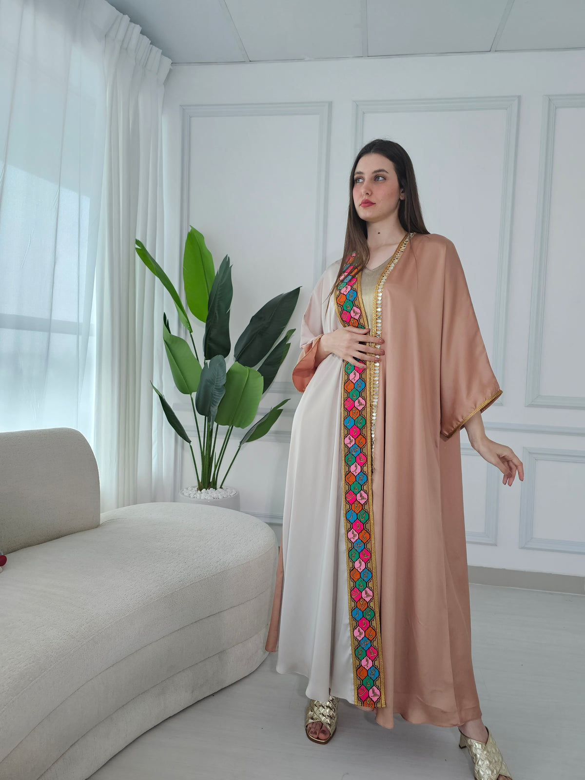 Colorful Abaya With Embroidered Calligraphy Trimming