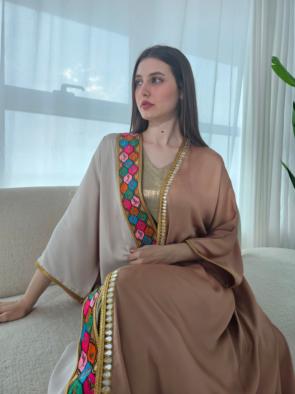 Colorful Abaya With Embroidered Calligraphy Trimming