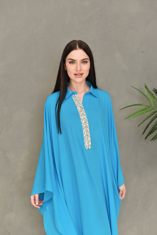 Swarovski stone embroidery Turquoise kaftan