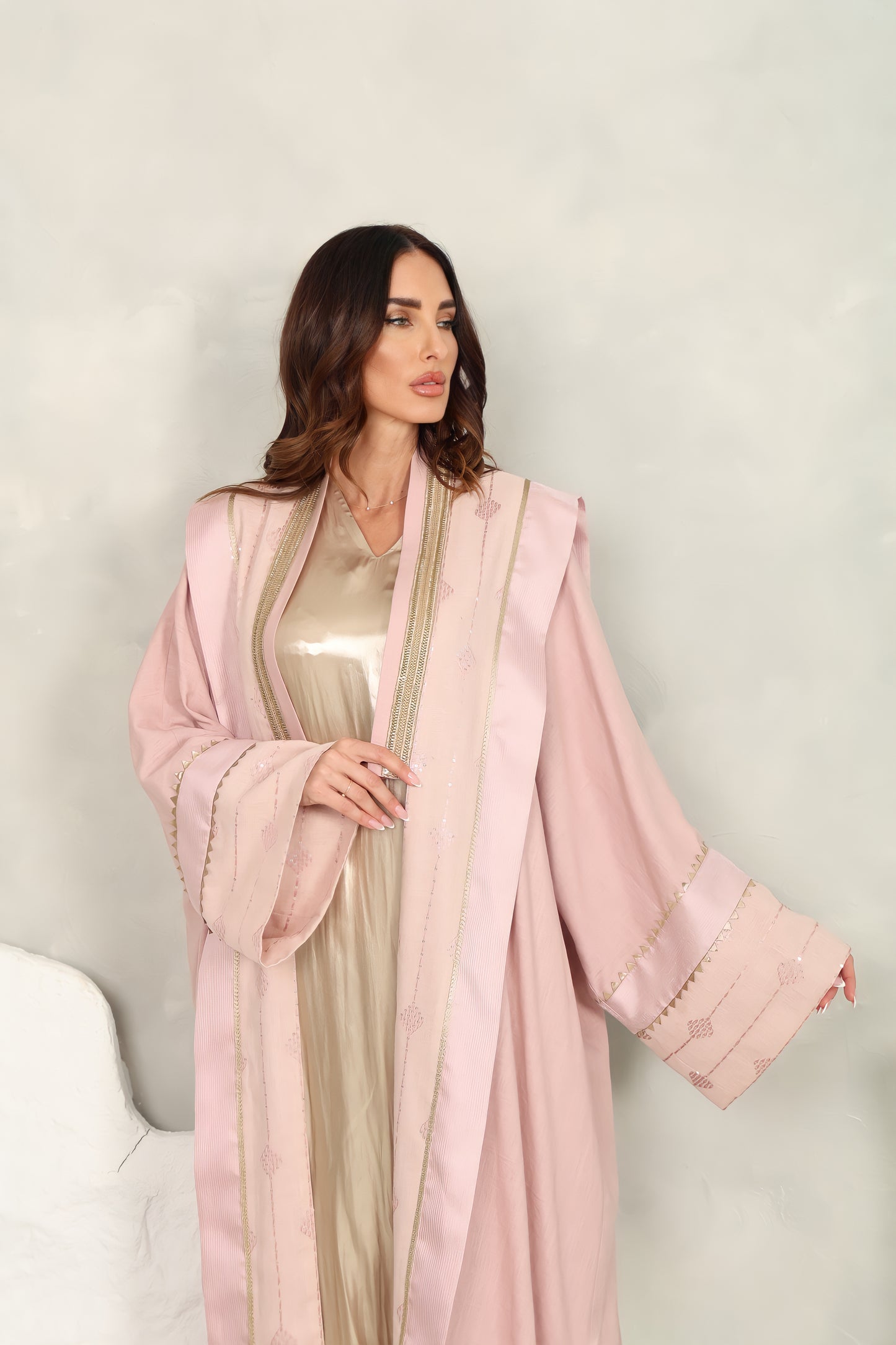 Pink linen embroidered Abaya