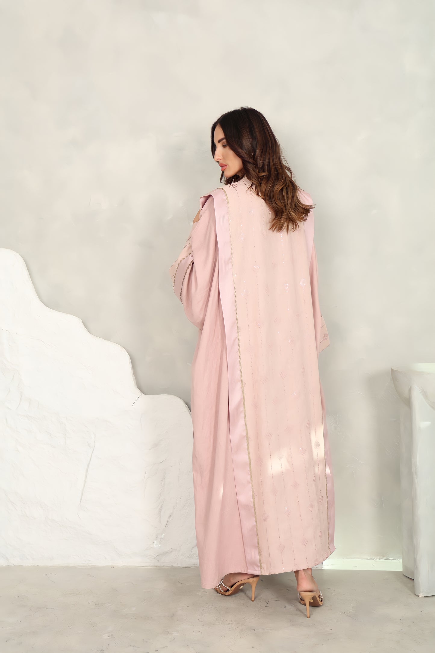 Pink linen embroidered Abaya