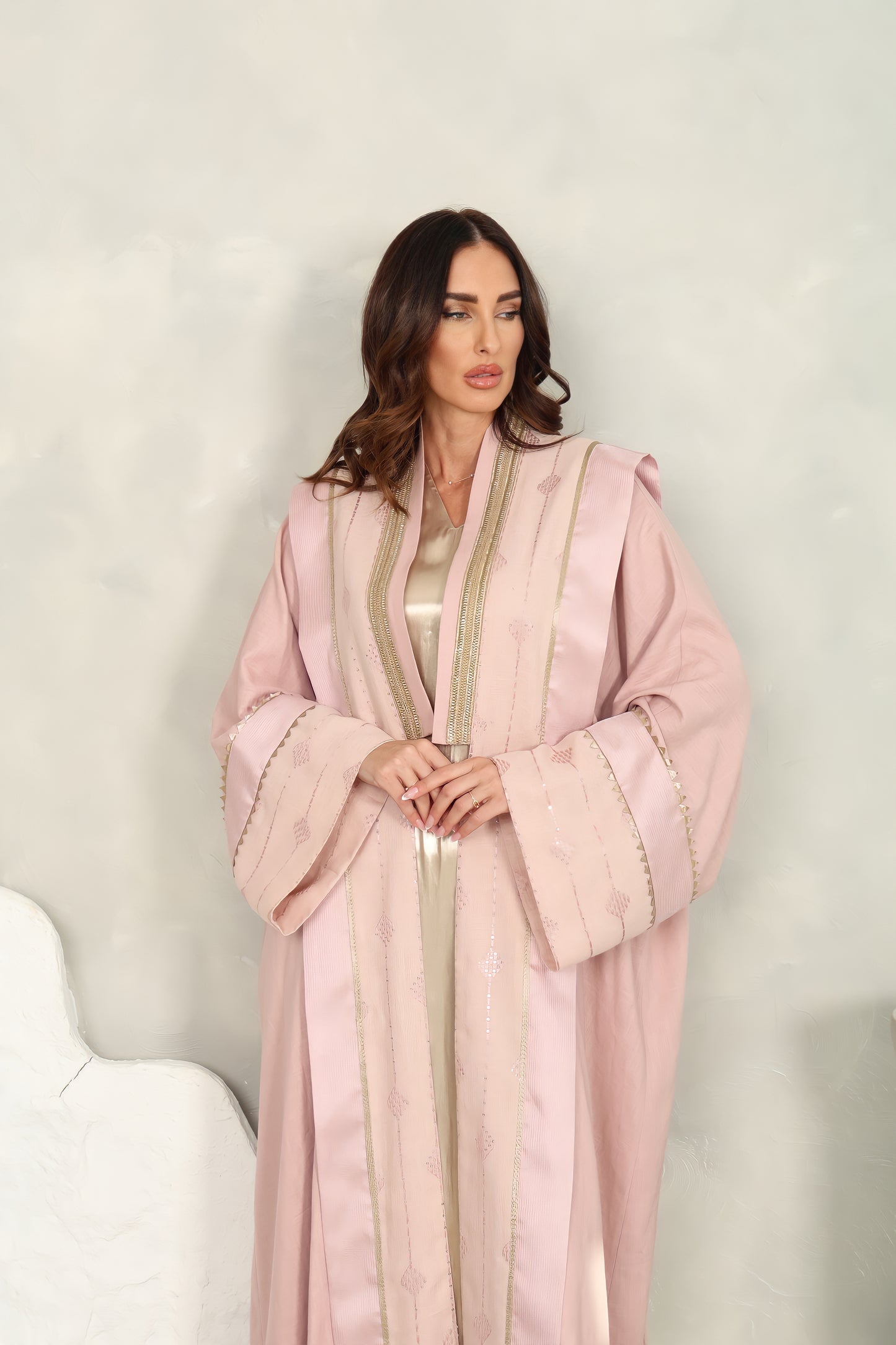 Pink linen embroidered Abaya