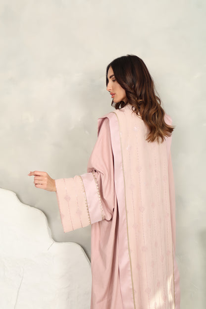 Pink linen embroidered Abaya