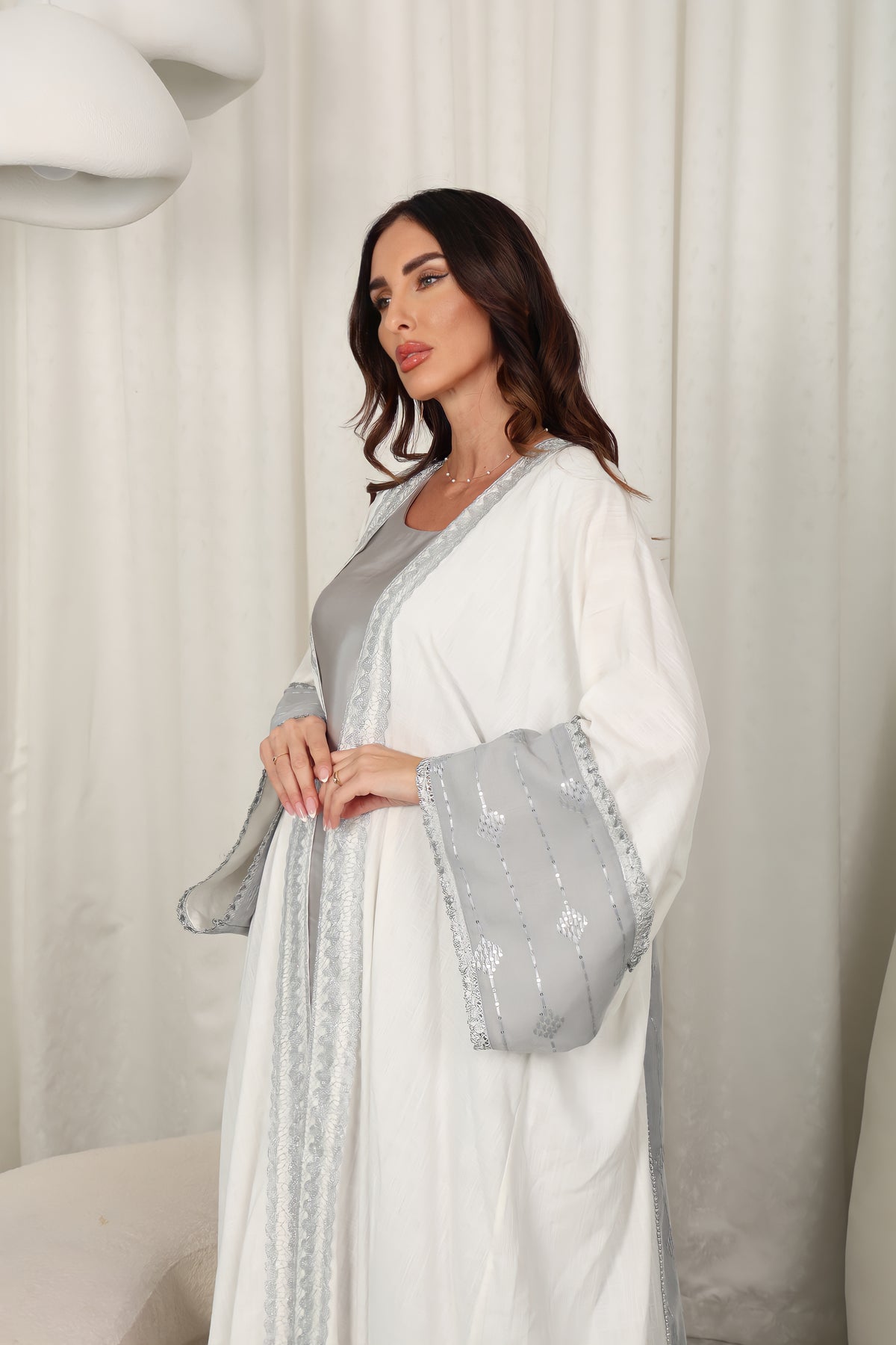 White Lincen Embrodered Abaya