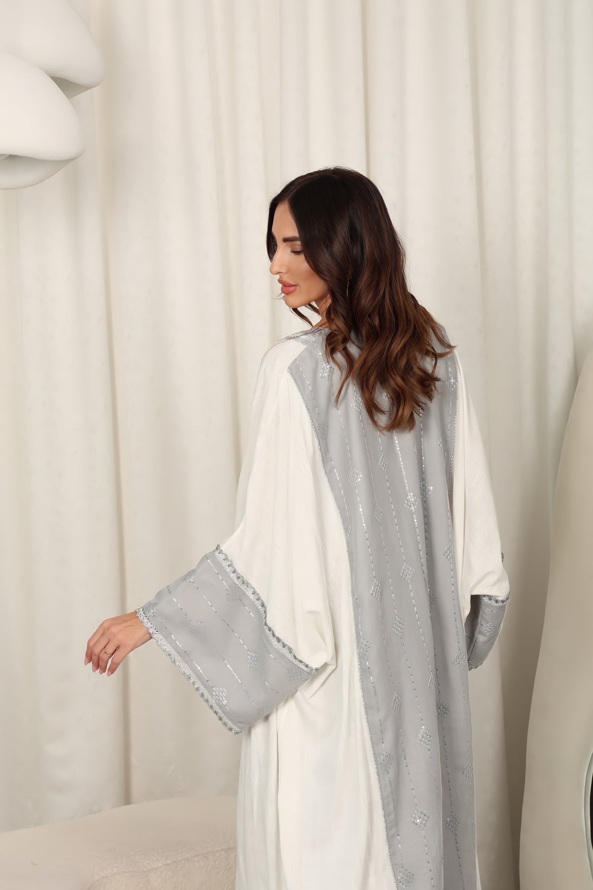 White Lincen Embrodered Abaya