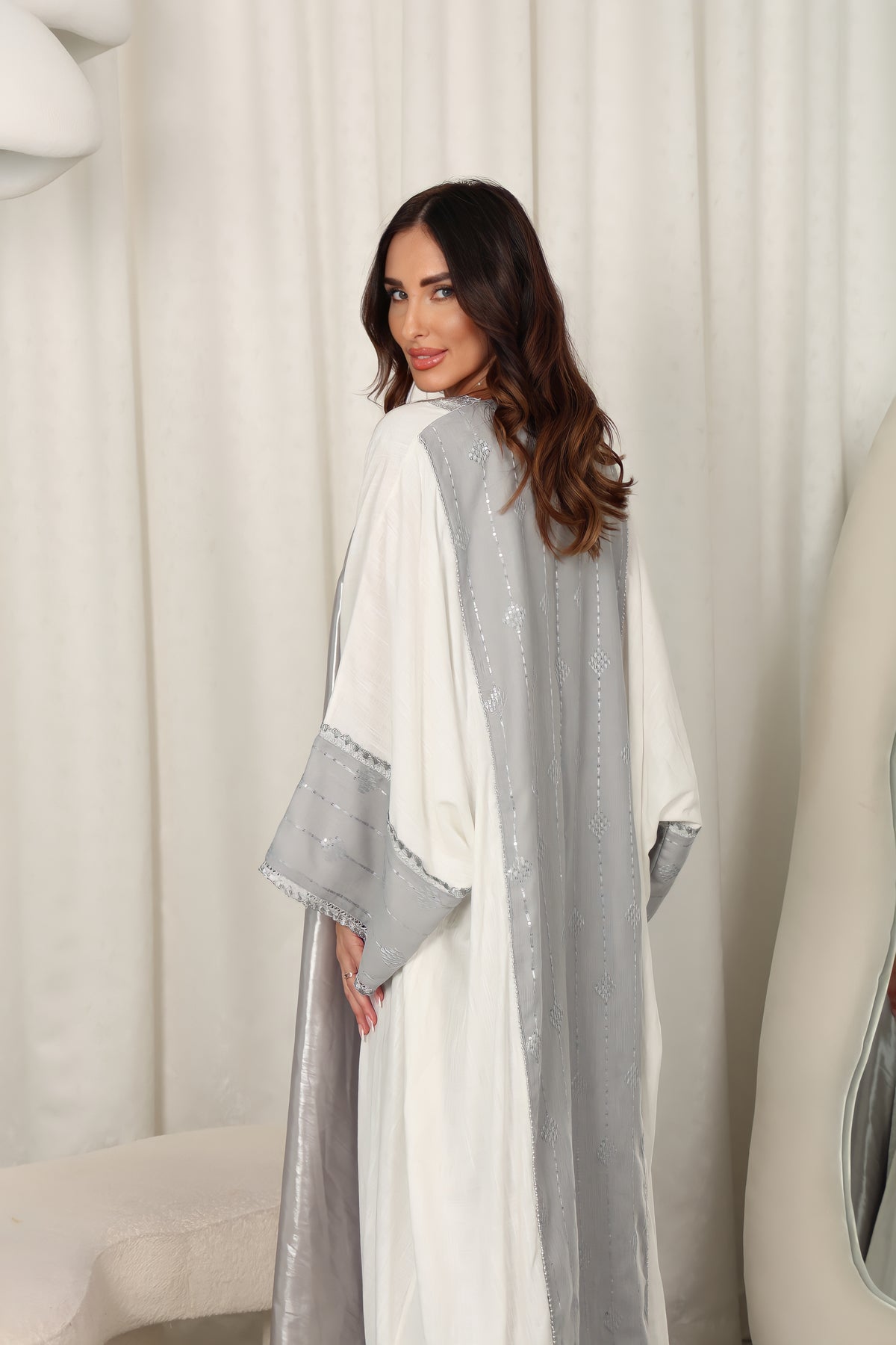 White Lincen Embrodered Abaya