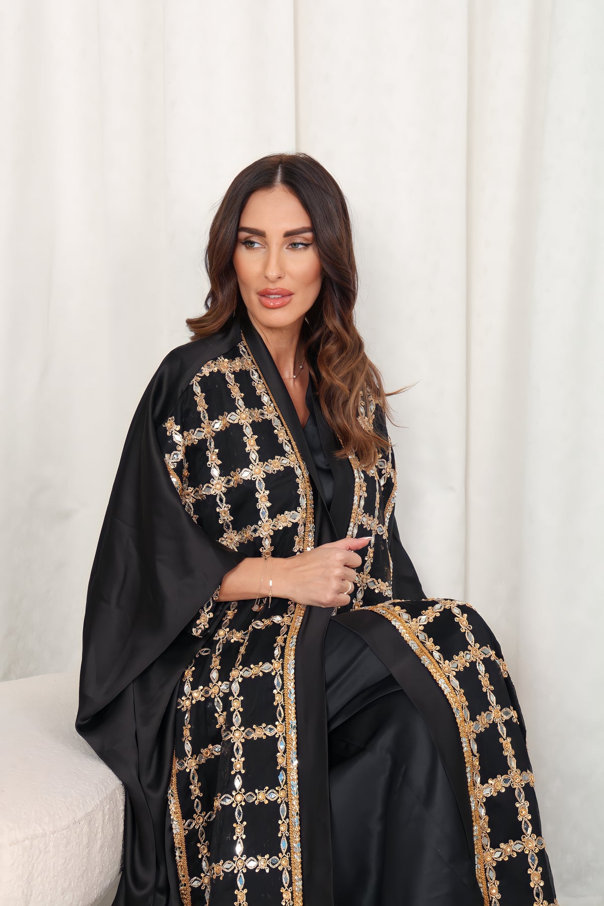Black silk Abaya with Mirrors stones