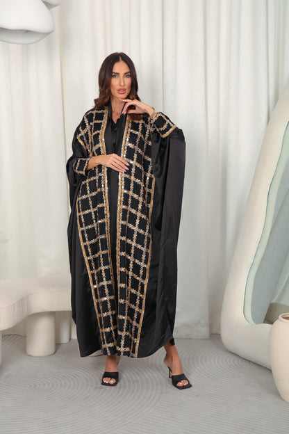Black silk Abaya embroidered with gold stones and mirrors