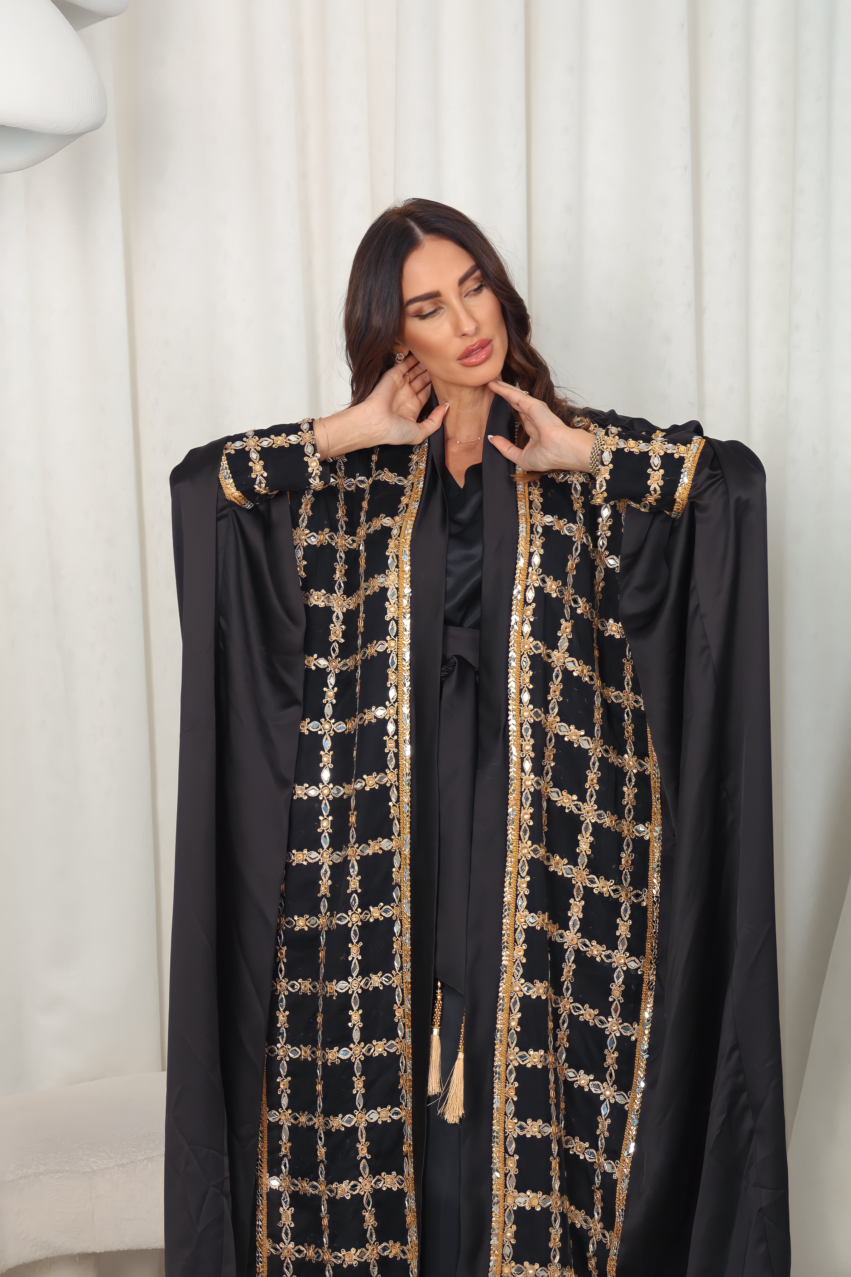 Black Embroidered Crepe Satin Abaya