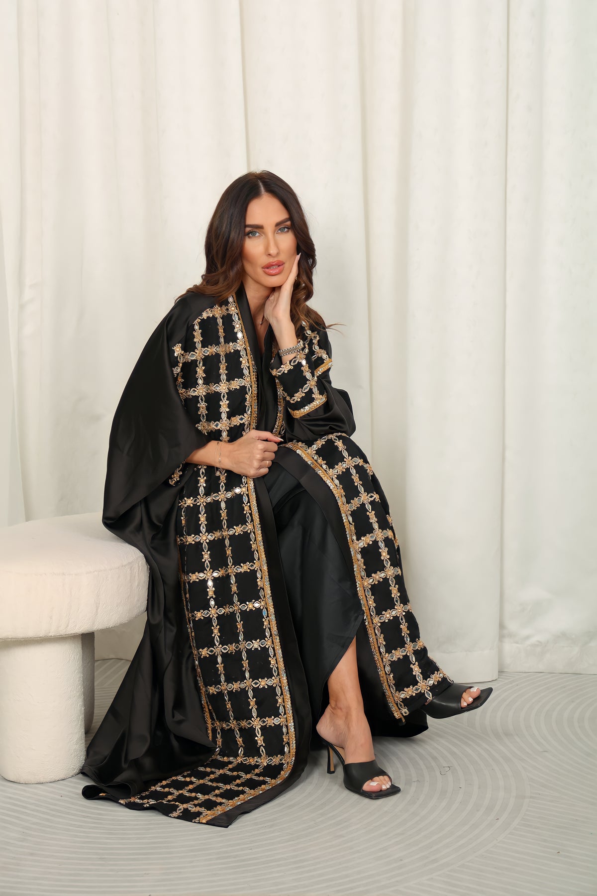 Black silk Abaya with Mirrors stones