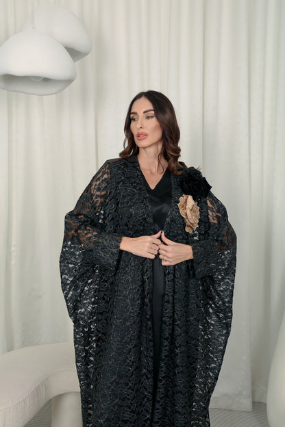 Black dantell abaya with 3D embroidered flowers