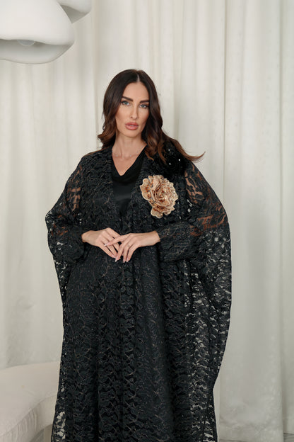 Black dantell abaya with 3D embroidered flowers