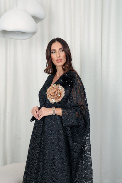Black dantell abaya with 3D embroidered flowers