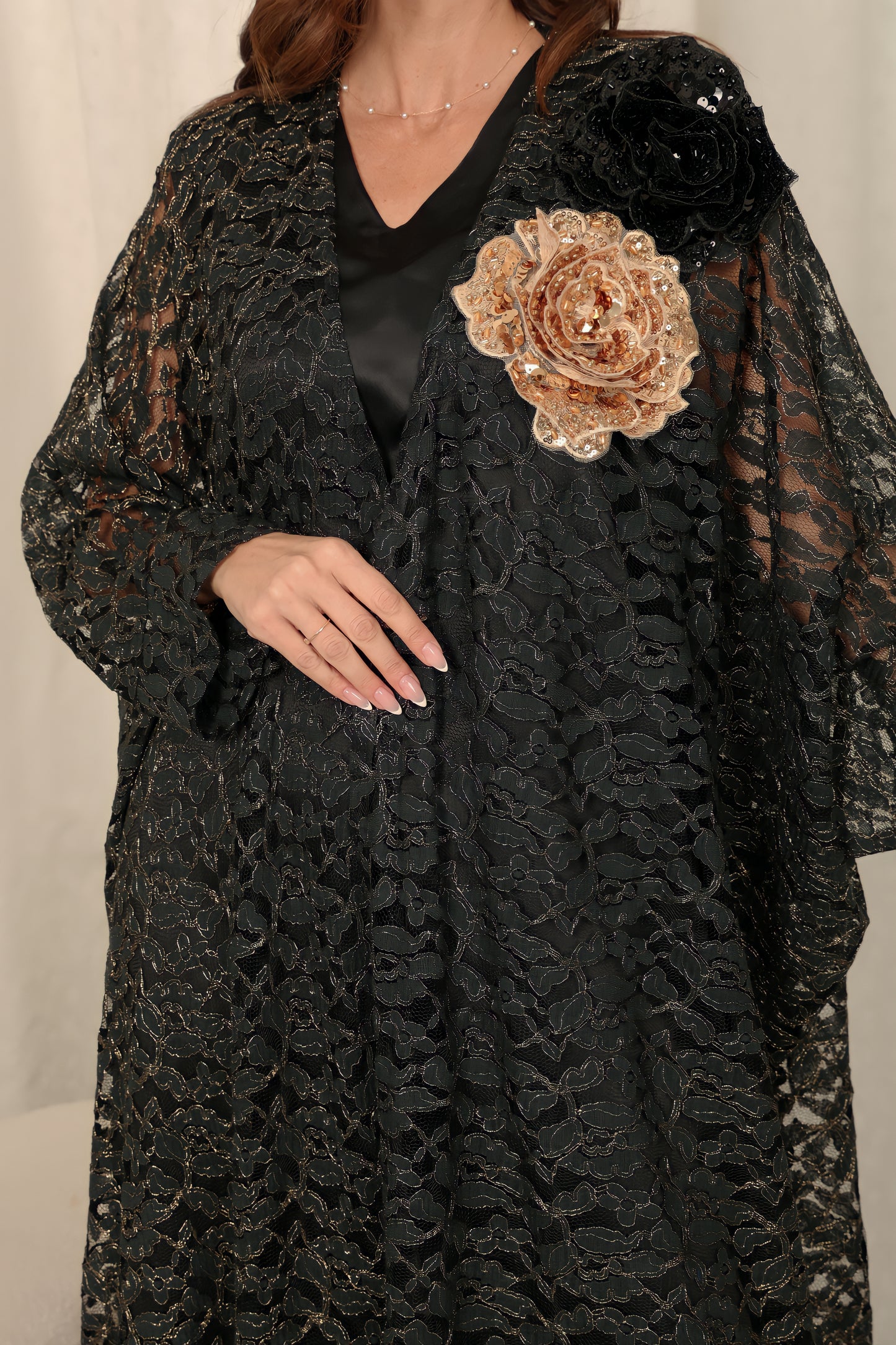 Black dantell abaya with 3D embroidered flowers