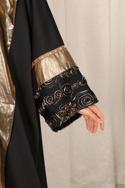 Black abaya with Metalic and chiffon handmade embroidery