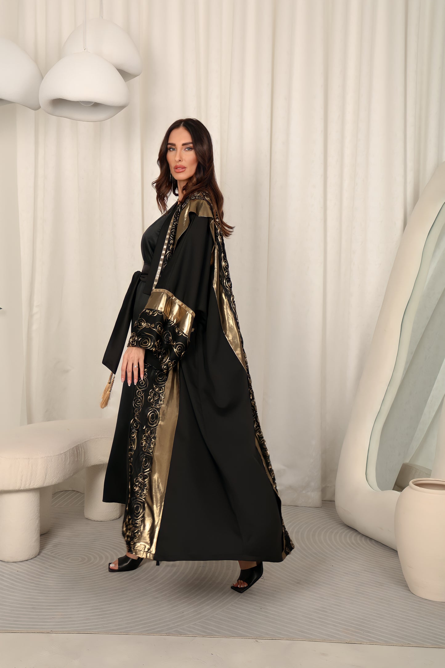Black abaya with Metalic and chiffon handmade embroidery