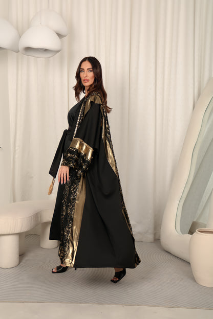 Black abaya with Metalic and chiffon handmade embroidery