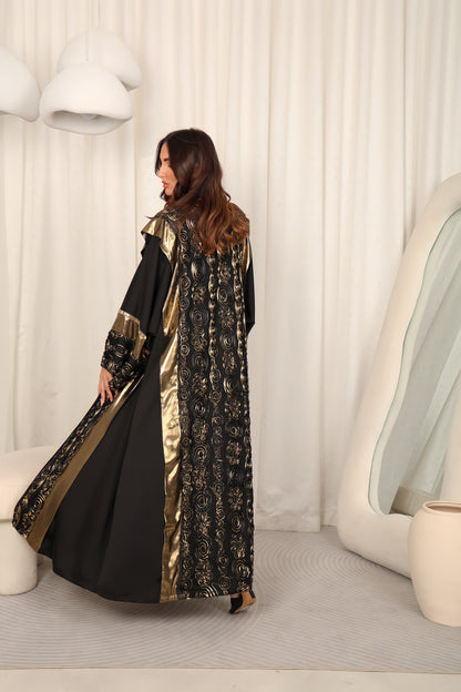Black abaya with Metalic and chiffon handmade embroidery