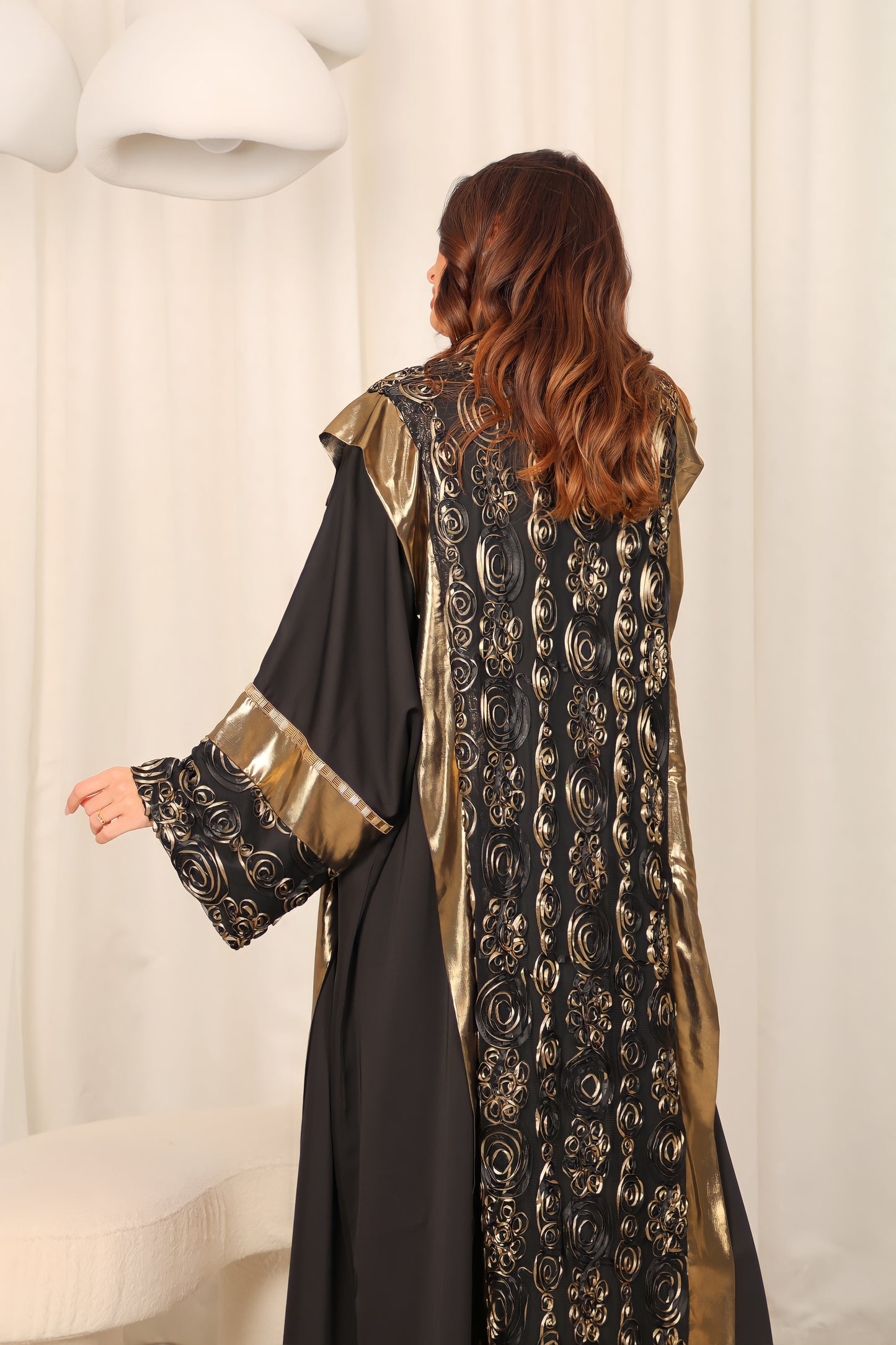 Black abaya with Metalic and chiffon handmade embroidery
