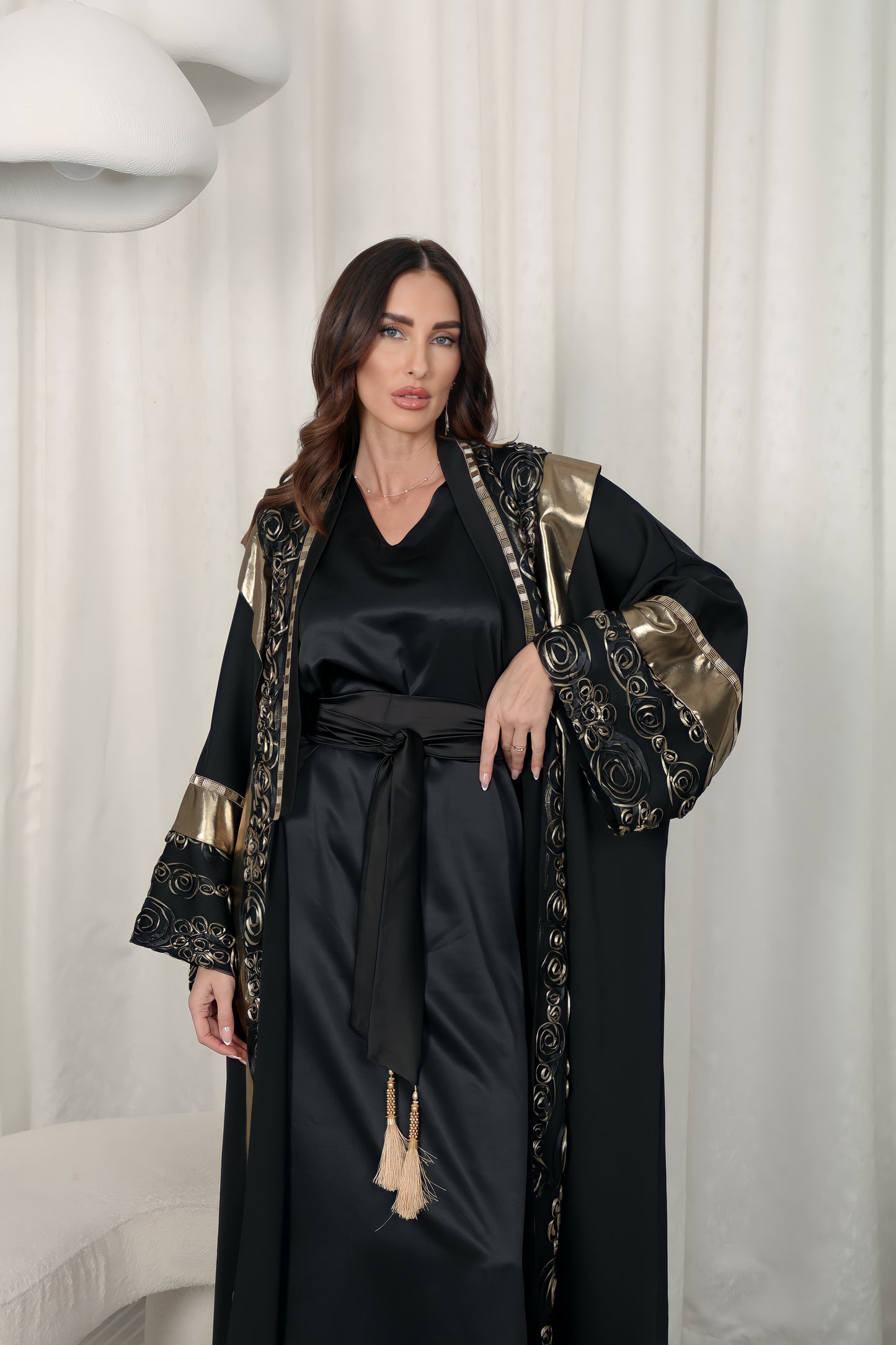 Black abaya with Metalic and chiffon handmade embroidery