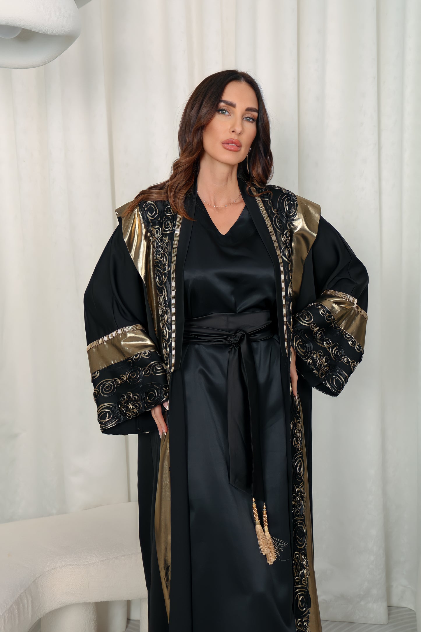 Black abaya with Metalic and chiffon handmade embroidery