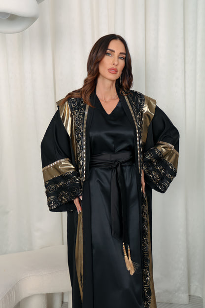 Black abaya with Metalic and chiffon handmade embroidery