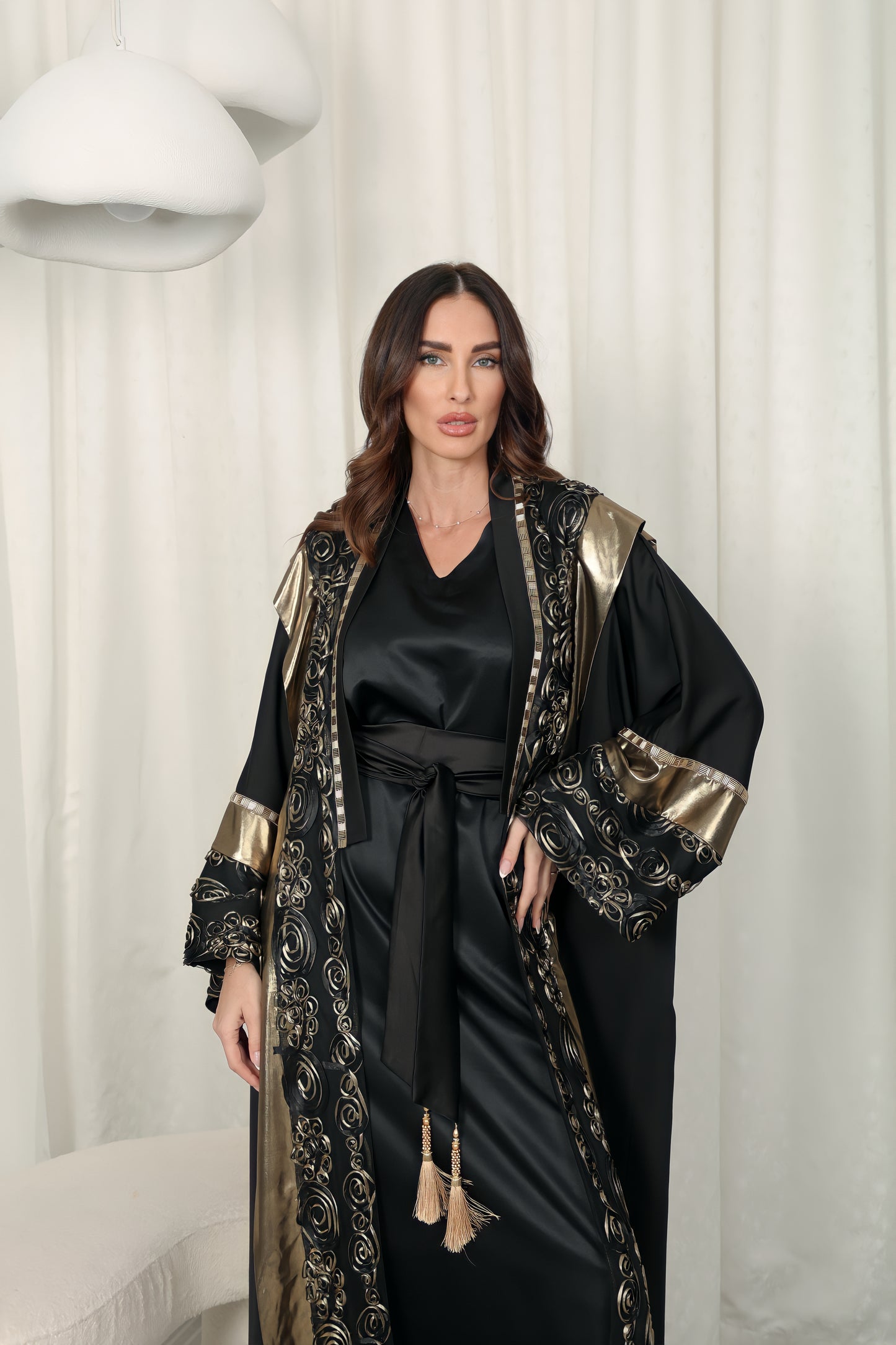 Black abaya with Metalic and chiffon handmade embroidery