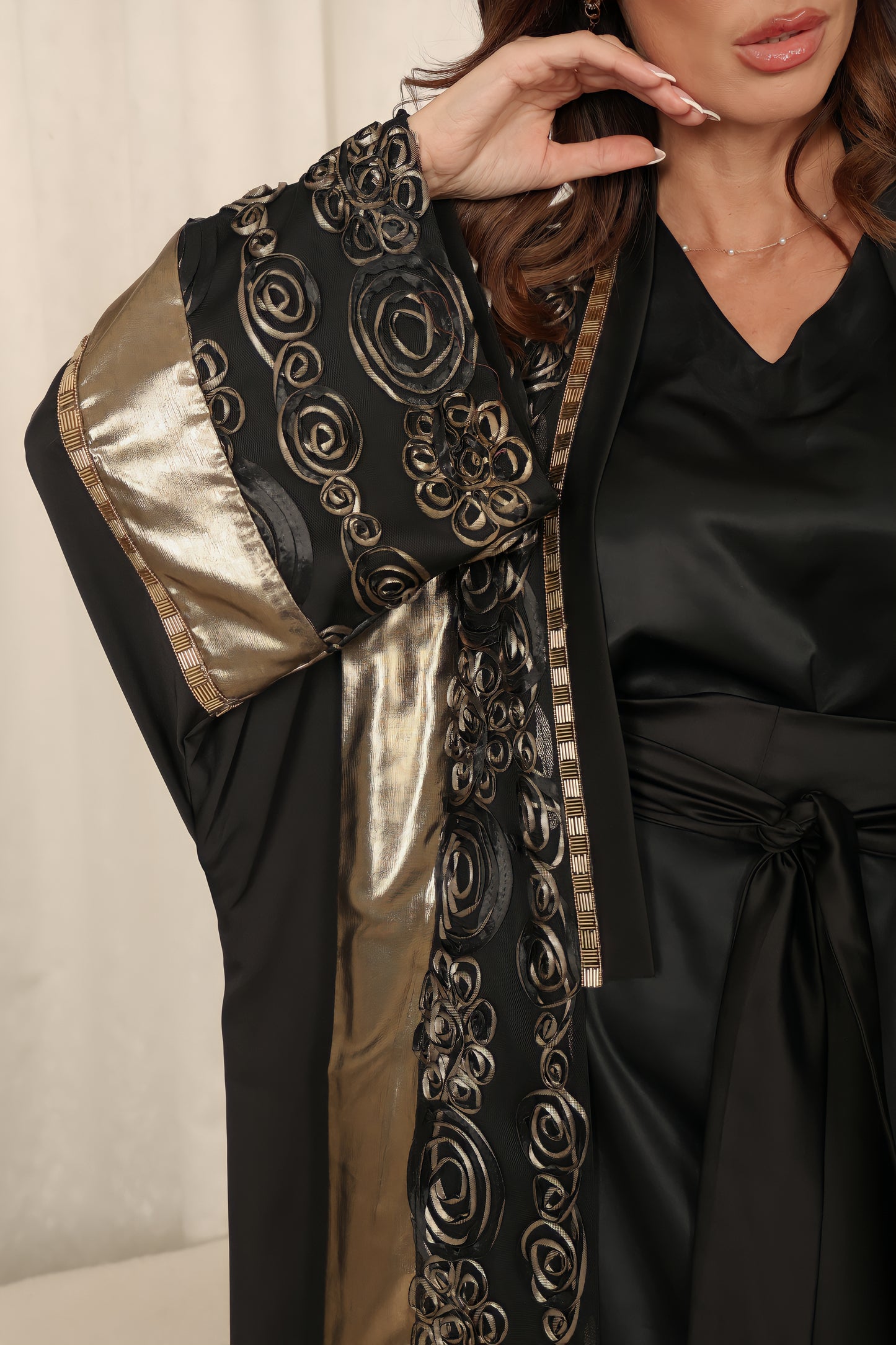 Black abaya with Metalic and chiffon handmade embroidery