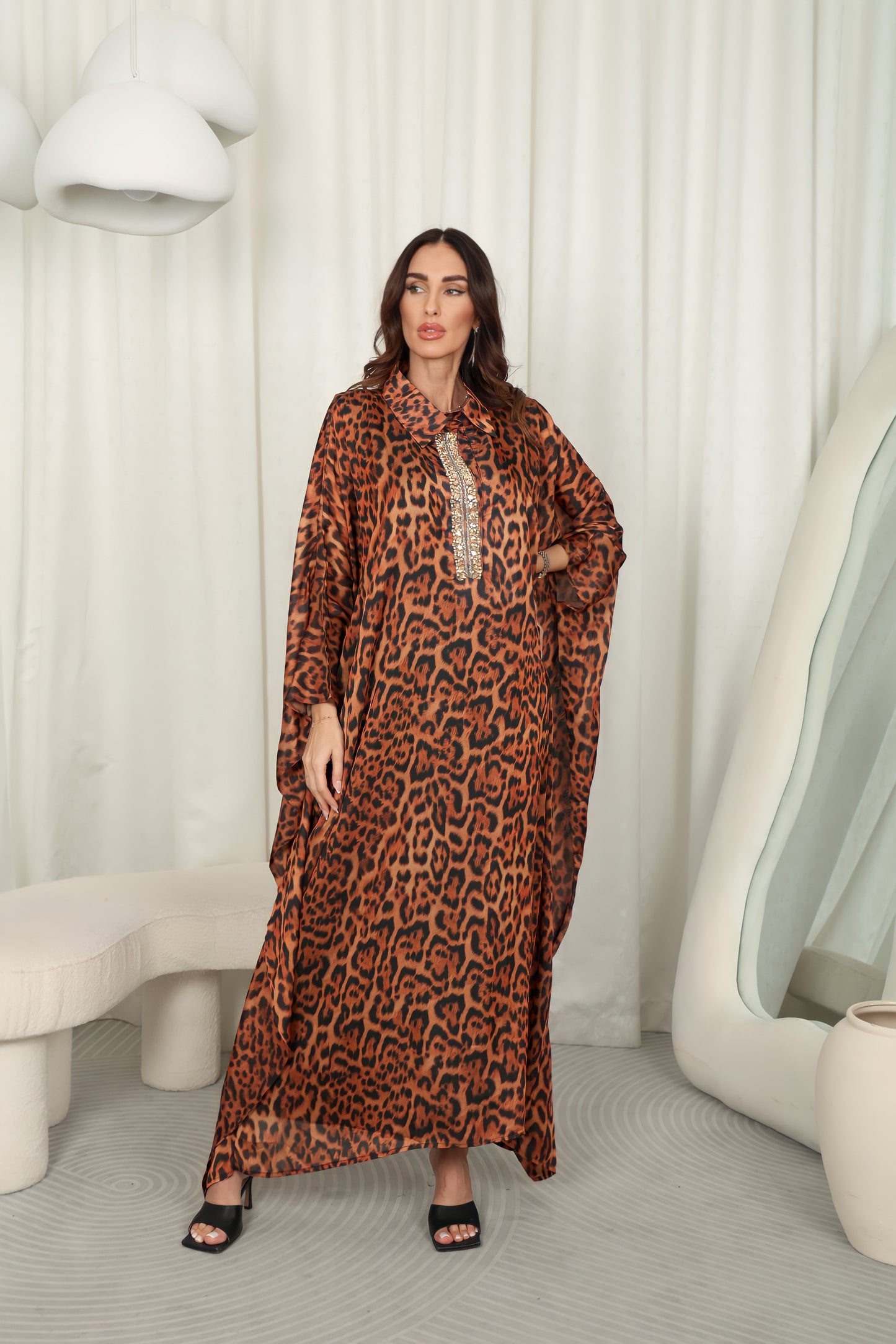 Tiger print silk Kaftan with Swarovski stones