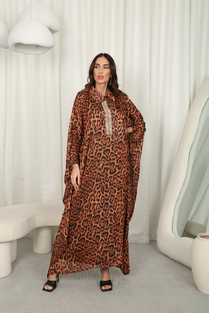 Tiger print silk Kaftan with Swarovski stones