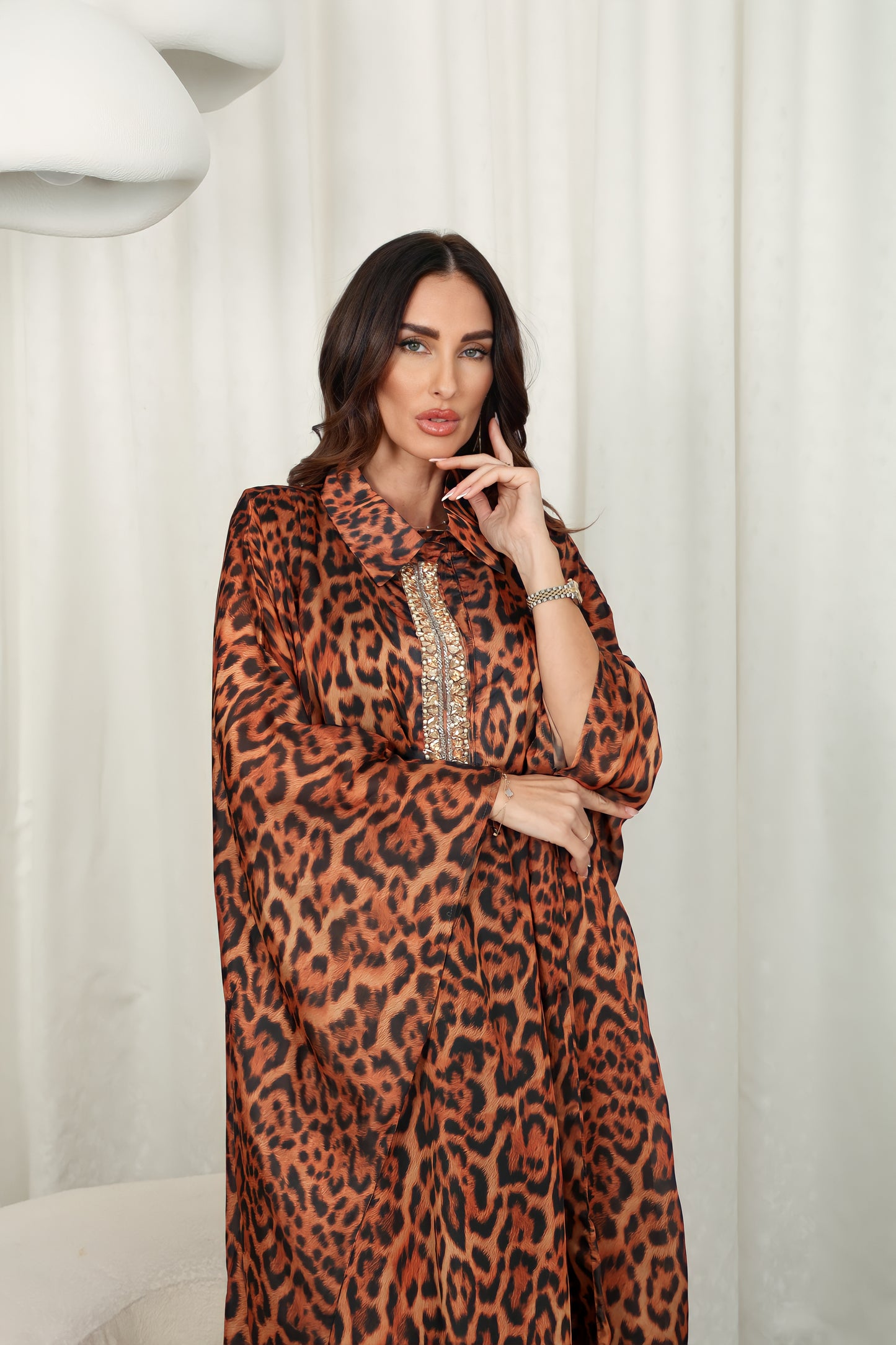Tiger print silk Kaftan with Swarovski stones