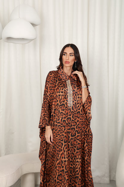 Tiger print silk Kaftan with Swarovski stones