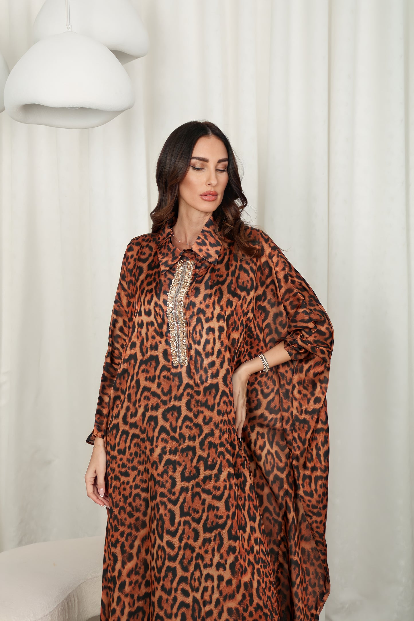Tiger print silk Kaftan with Swarovski stones