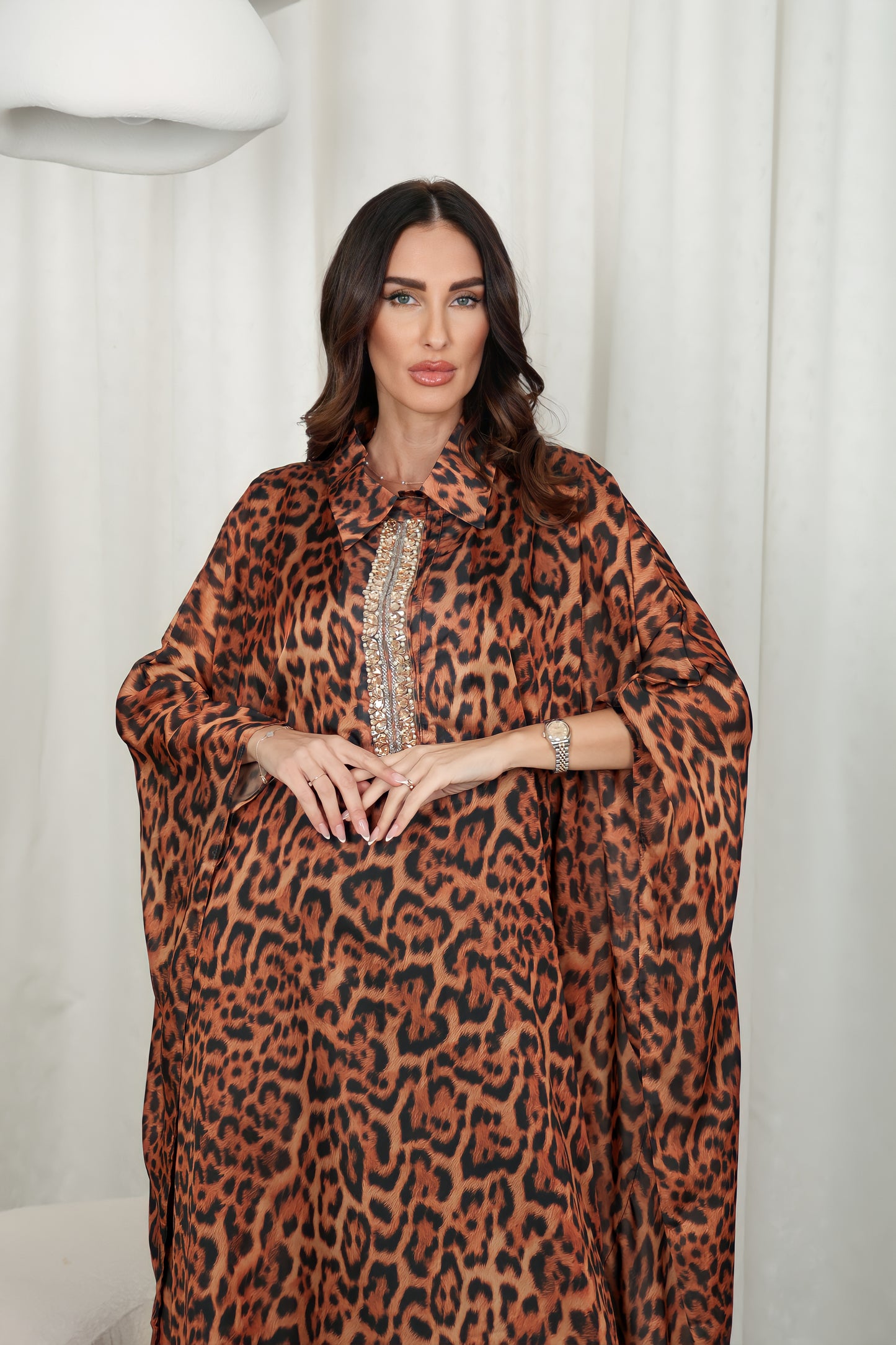 Tiger print silk Kaftan with Swarovski stones