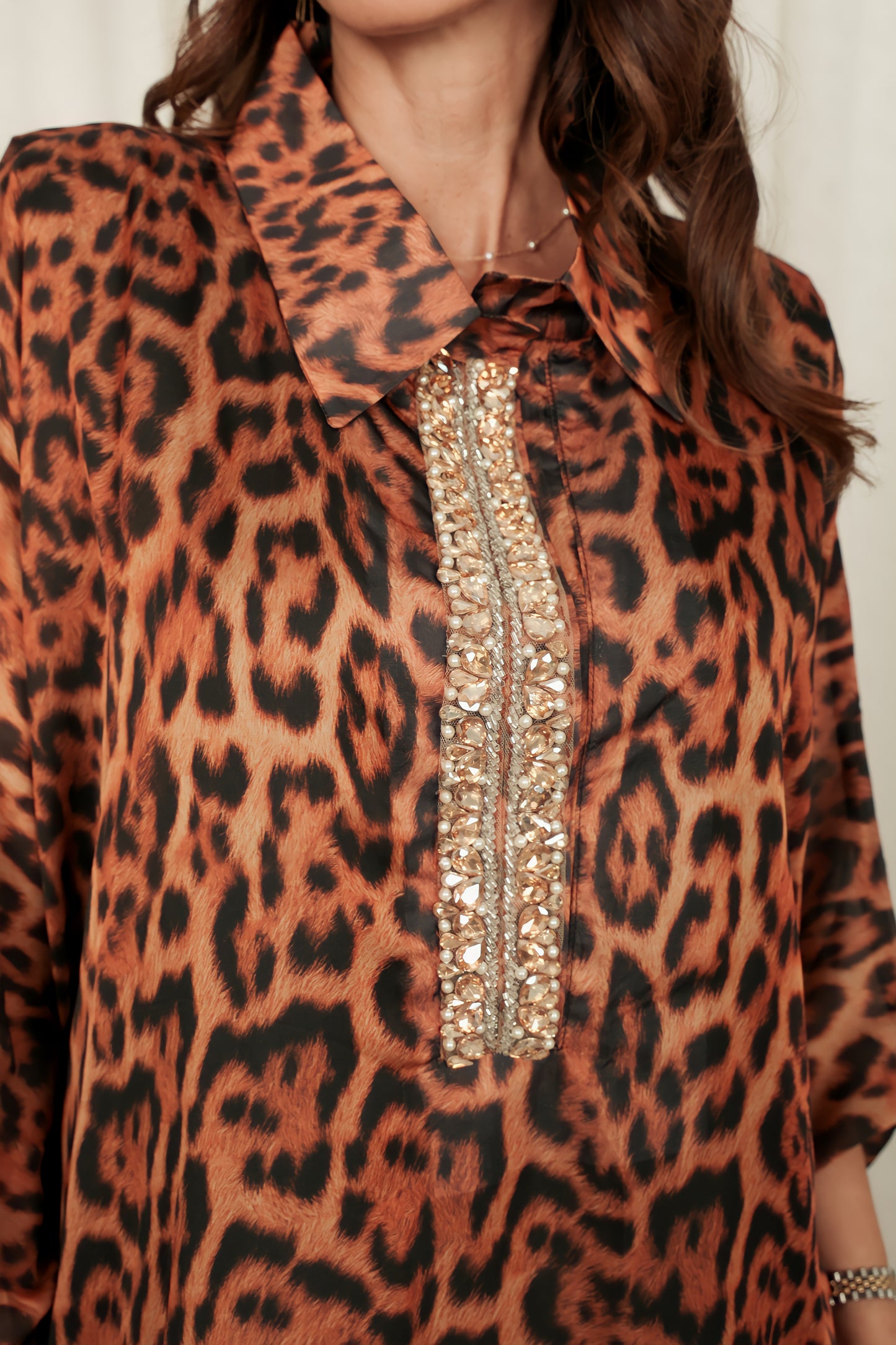 Tiger print silk Kaftan with Swarovski stones