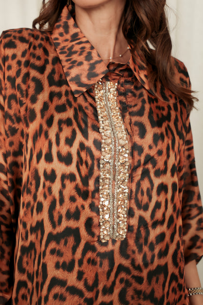 Tiger print silk Kaftan with Swarovski stones