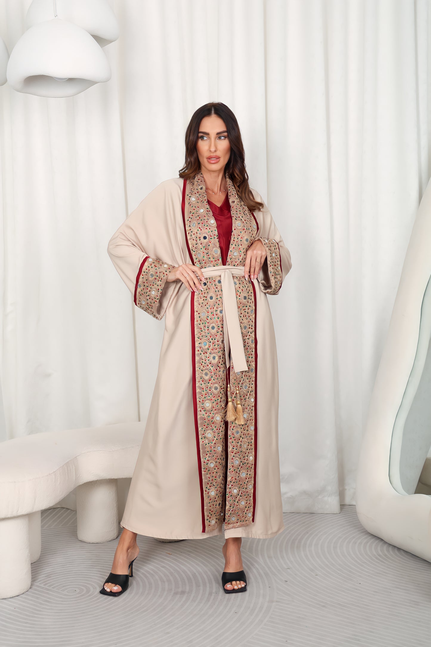 Beige Embroidered Crepe Abaya