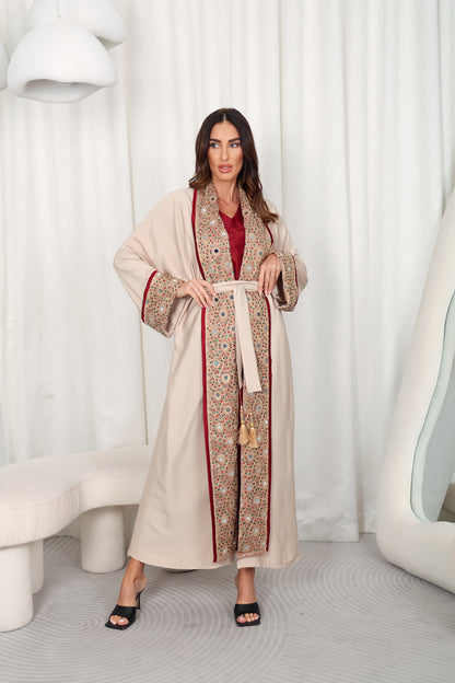 Beige Embroidered Crepe Abaya