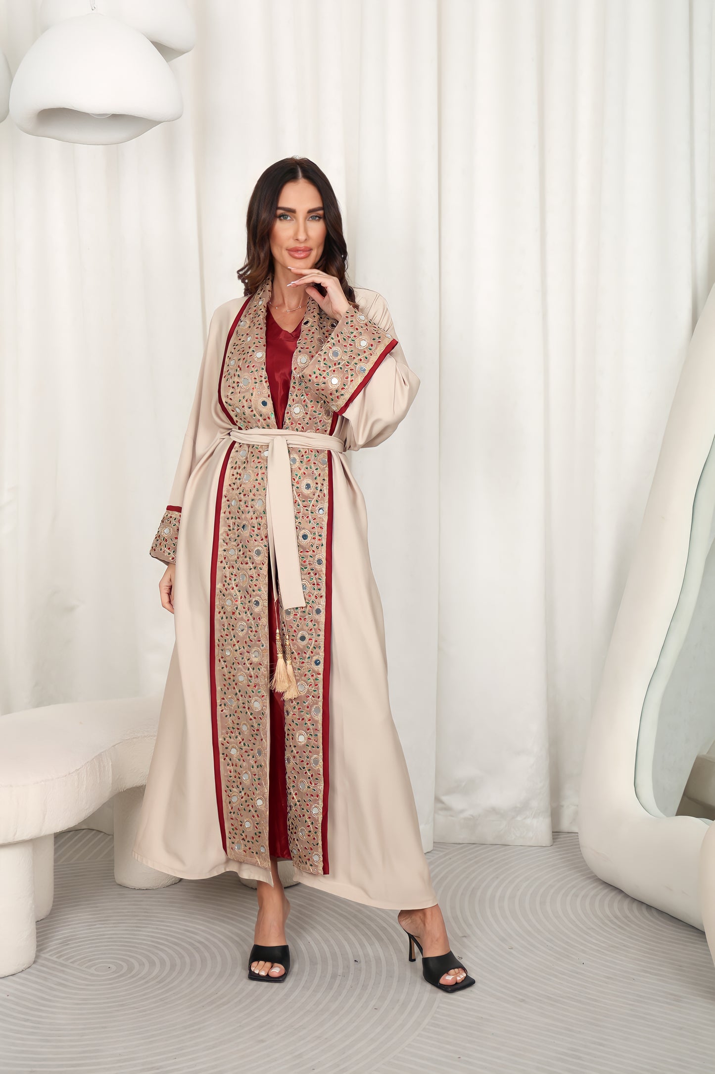 Beige Embroidered Crepe Abaya
