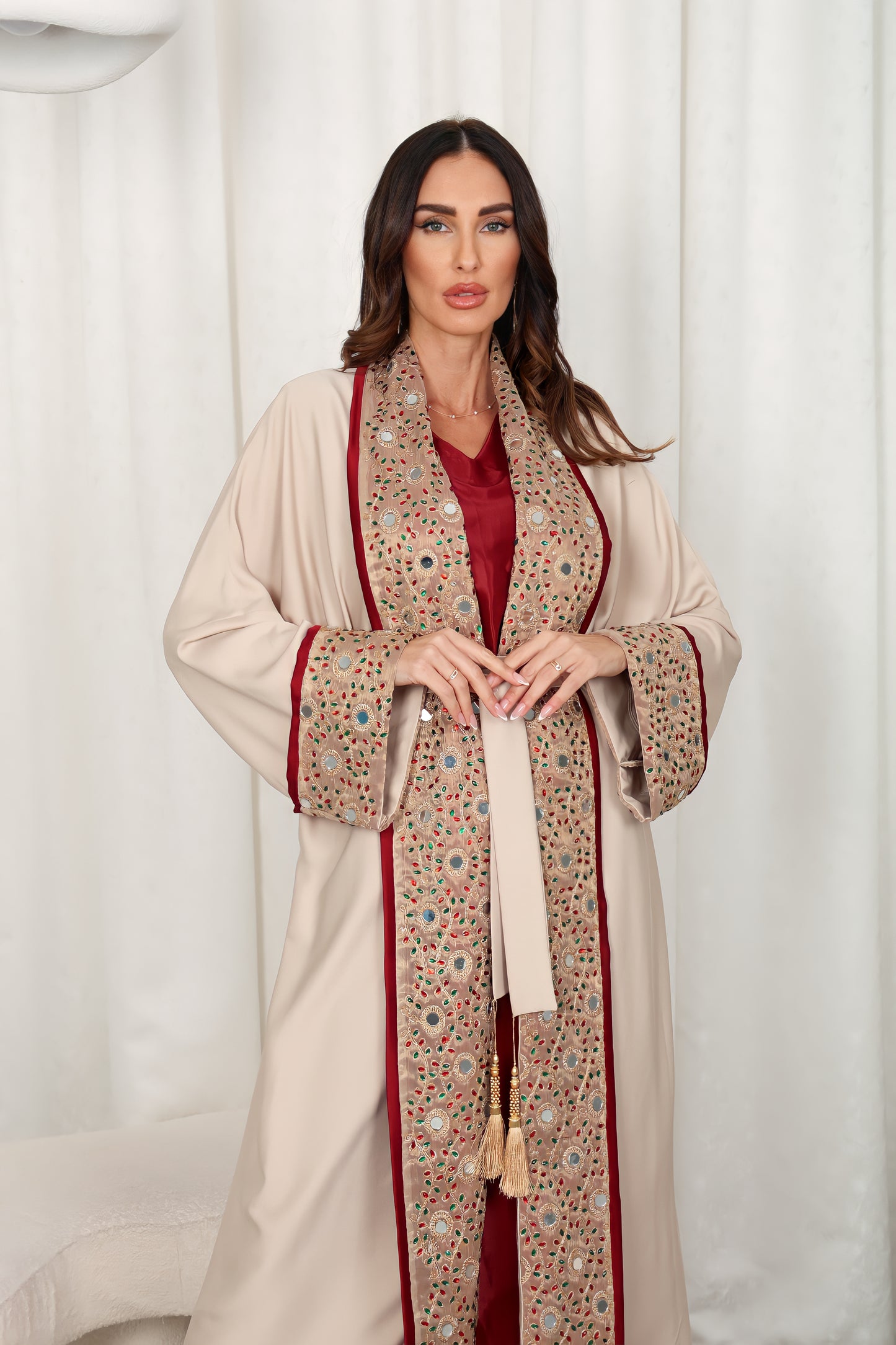 Beige Embroidered Crepe Abaya
