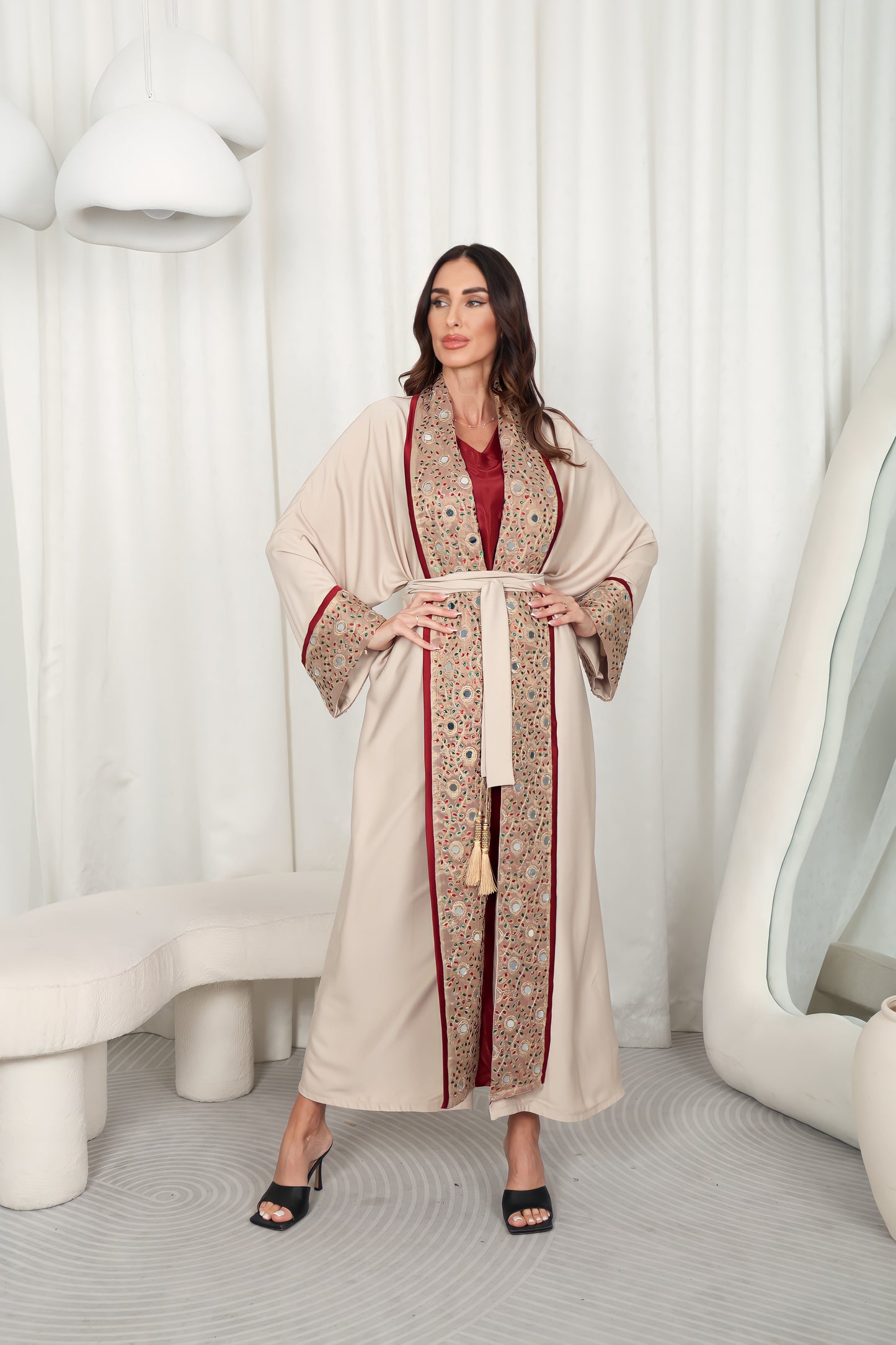 Beige Embroidered Crepe Abaya