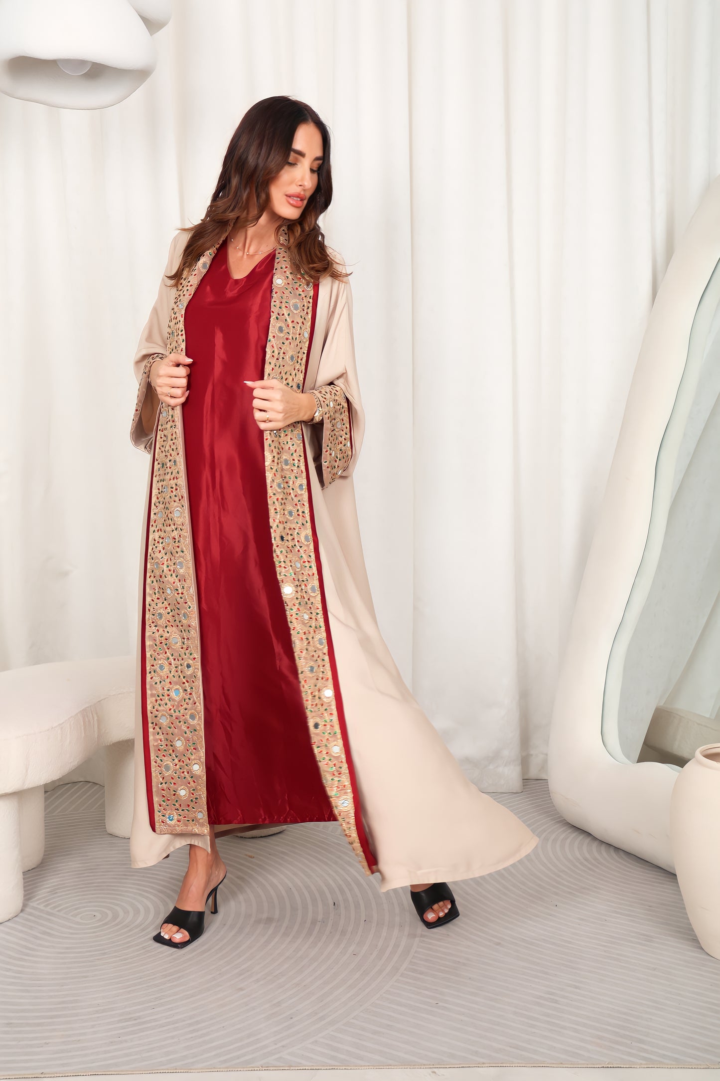 Beige Embroidered Crepe Abaya