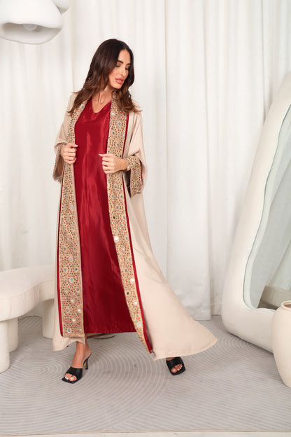 Beige Embroidered Crepe Abaya