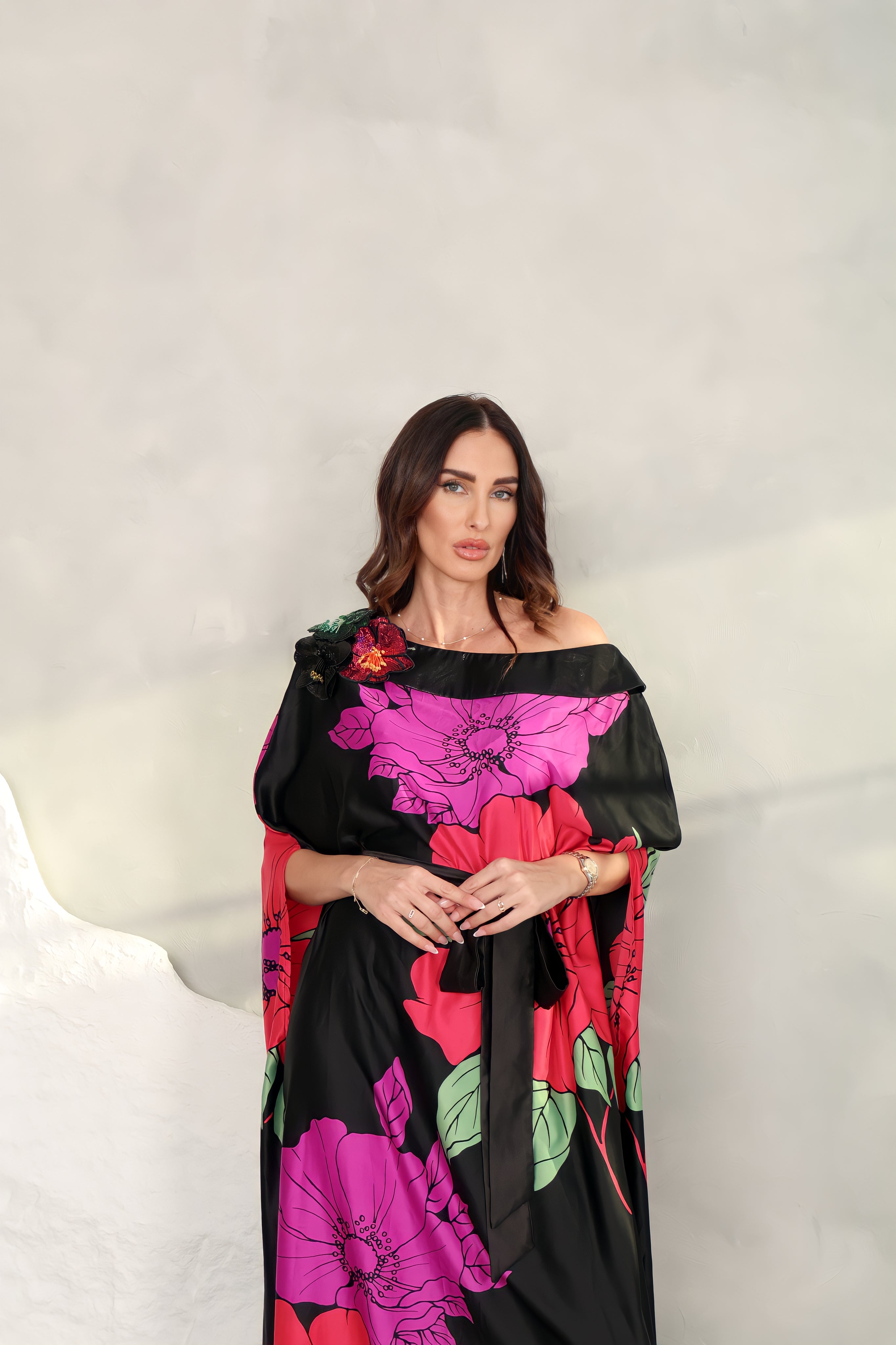 Black Crepe Satin Kaftan